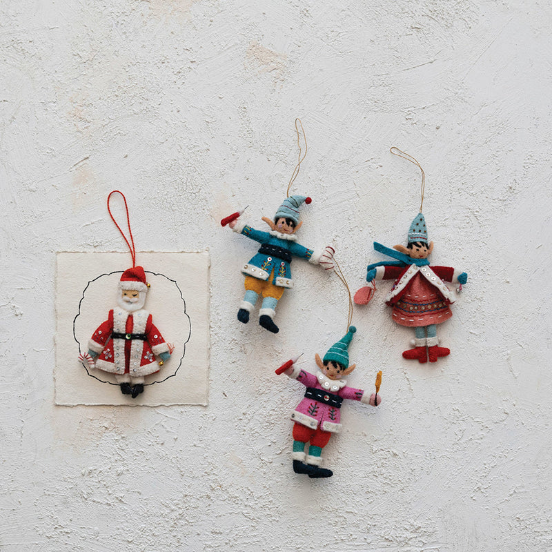 Handmade Wool Felt Santa Ornament w/ Embroidery & Sequins