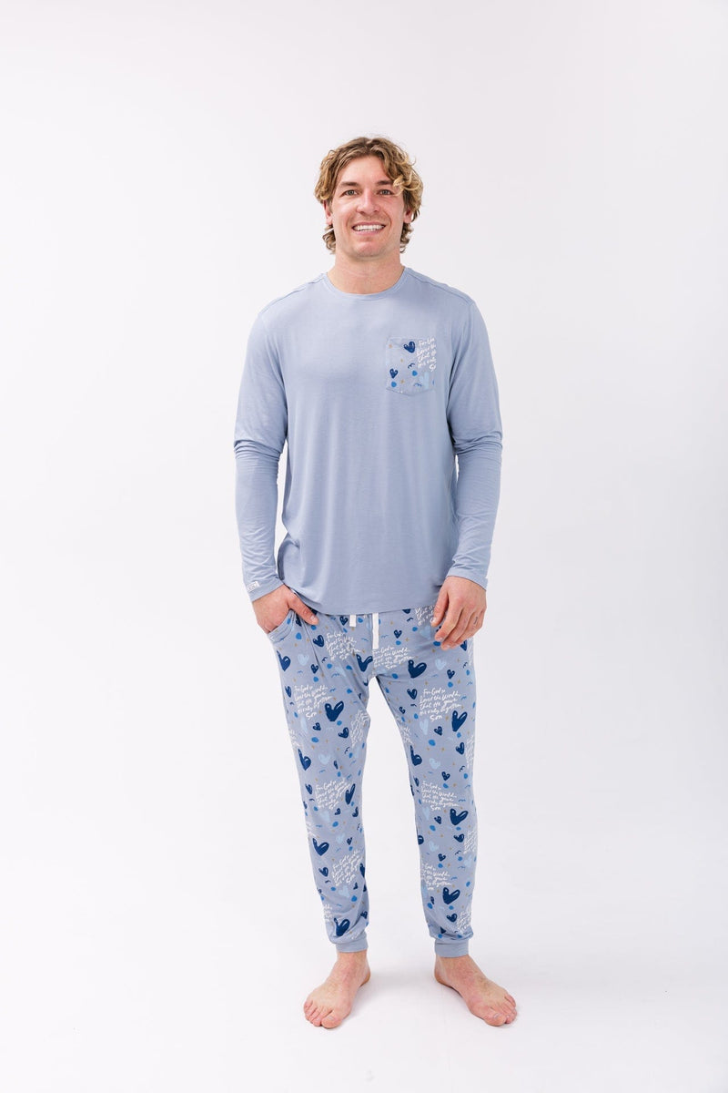 Holy Pals Adult Men's Pajamas John 3:16 Blue Men's PJ Set Bamboo