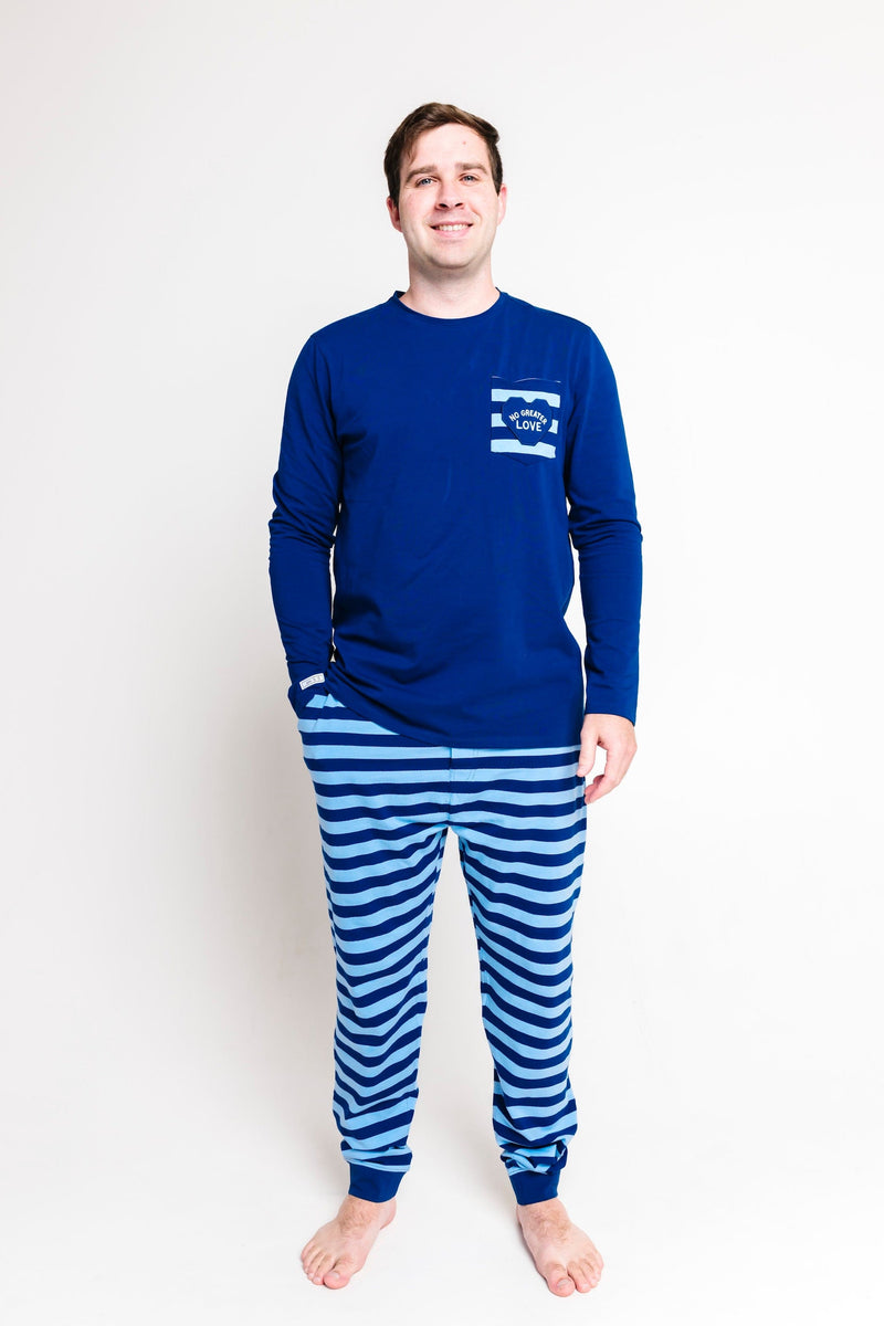 Holy Pals Adult Men's Pajamas No Greater Love Blue Mens PJ Set Cotton