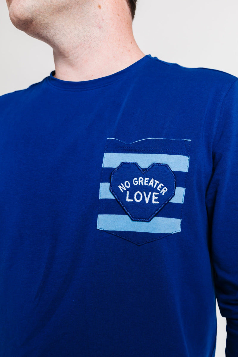 Holy Pals Adult Men's Pajamas No Greater Love Blue Mens PJ Set Cotton