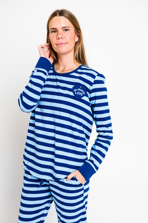 Holy Pals Adult Women's Pajamas No Greater Love Blue Womens PJ Jogger Set Cotton