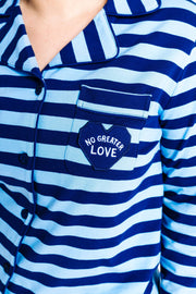 Holy Pals Adult Women's Pajamas No Greater Love Blue Womens PJ Notch Collar Set Cotton