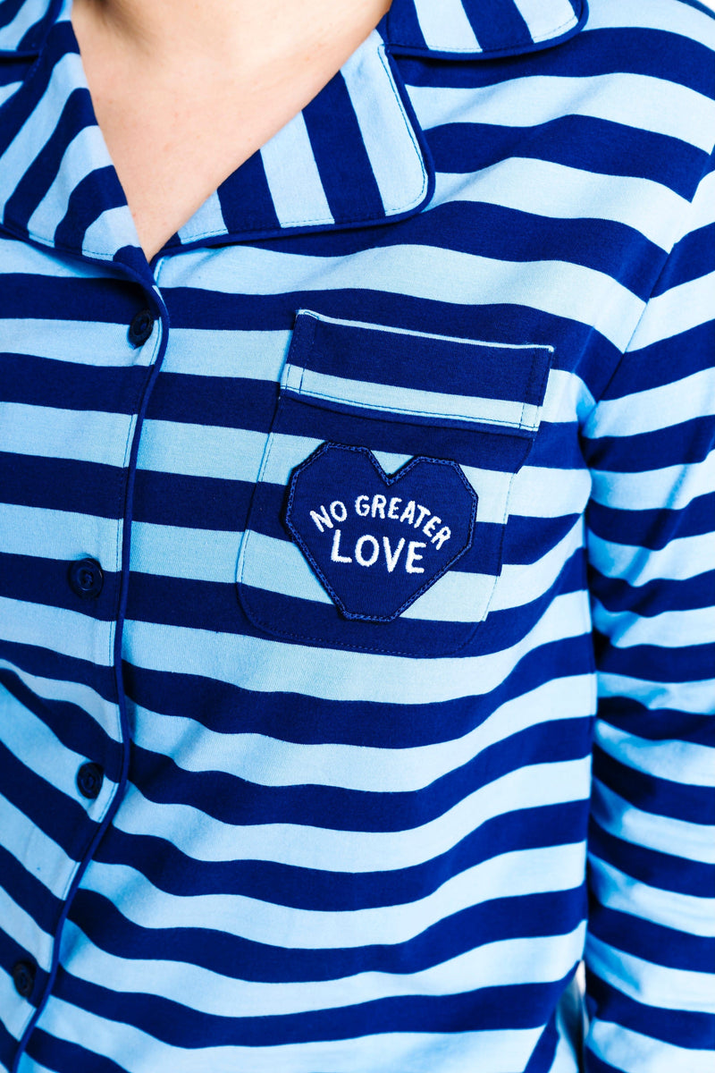 Holy Pals Adult Women's Pajamas No Greater Love Blue Womens PJ Notch Collar Set Cotton
