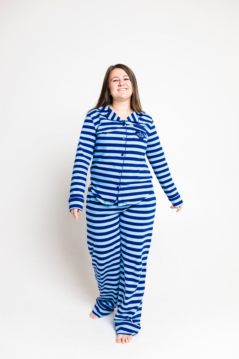 Holy Pals Adult Women's Pajamas No Greater Love Blue Womens PJ Notch Collar Set Cotton