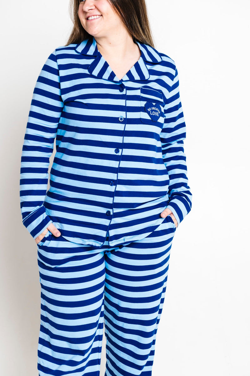 Holy Pals Adult Women's Pajamas No Greater Love Blue Womens PJ Notch Collar Set Cotton