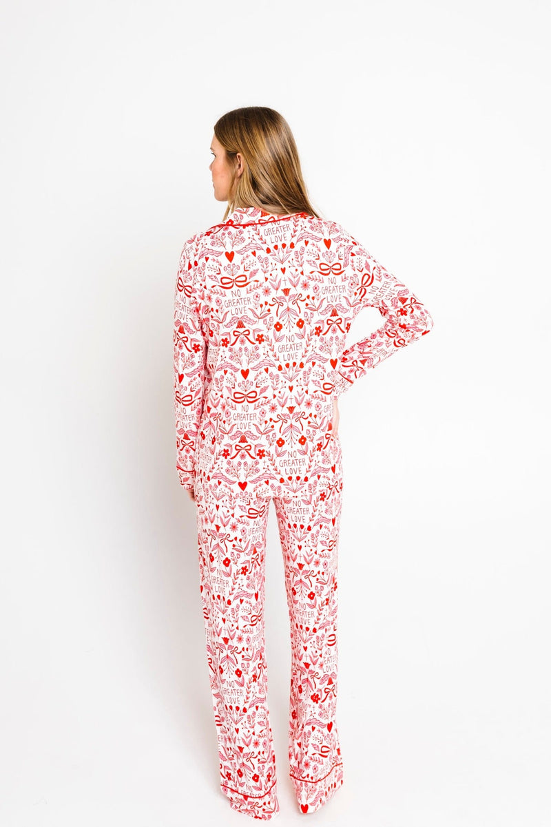 Holy Pals Adult Women's Pajamas No Greater Love Pink Women's PJ Notch Collar Set Bamboo