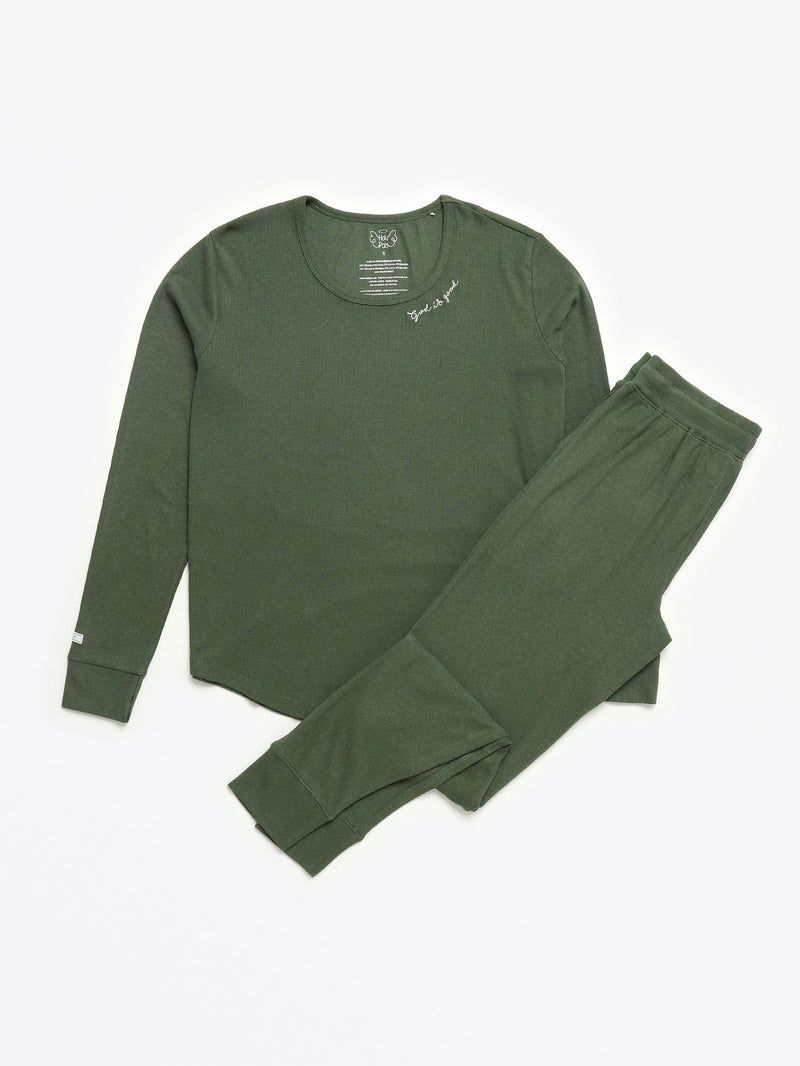 Holy Pals Adult Women's Pajamas Solid Olive Womens PJ Jogger Set Ribbed Cotton-Bamboo Blend