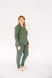 Holy Pals Adult Women's Pajamas Solid Olive Womens PJ Jogger Set Ribbed Cotton-Bamboo Blend