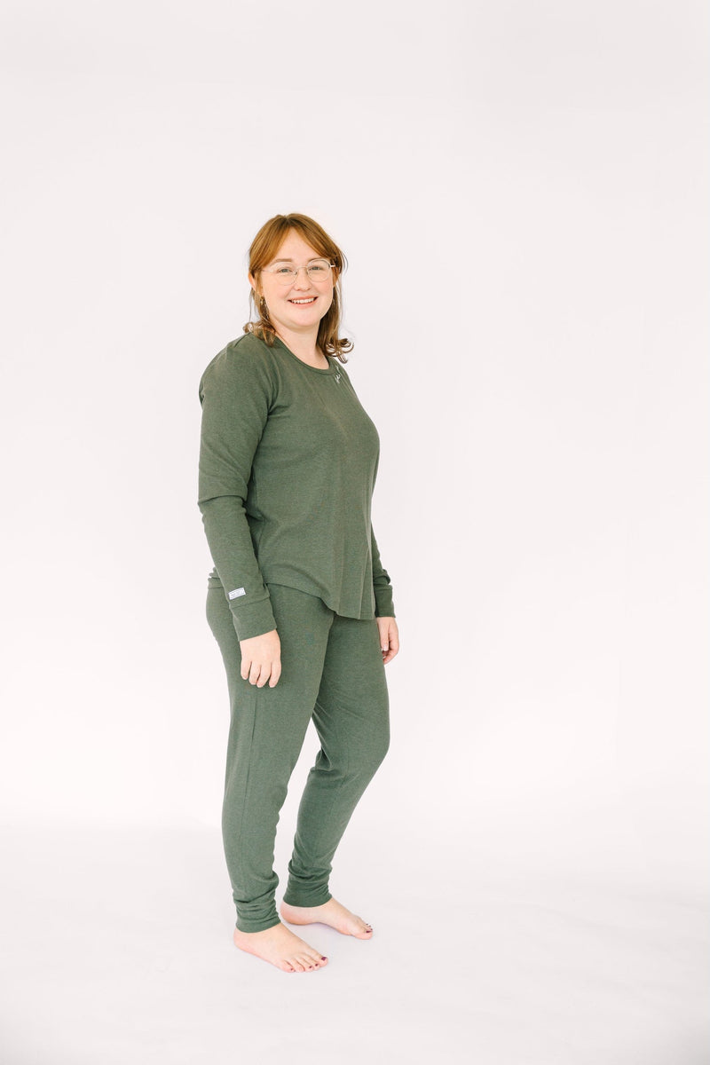 Holy Pals Adult Women's Pajamas Solid Olive Womens PJ Jogger Set Ribbed Cotton-Bamboo Blend