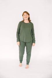 Holy Pals Adult Women's Pajamas Solid Olive Womens PJ Jogger Set Ribbed Cotton-Bamboo Blend