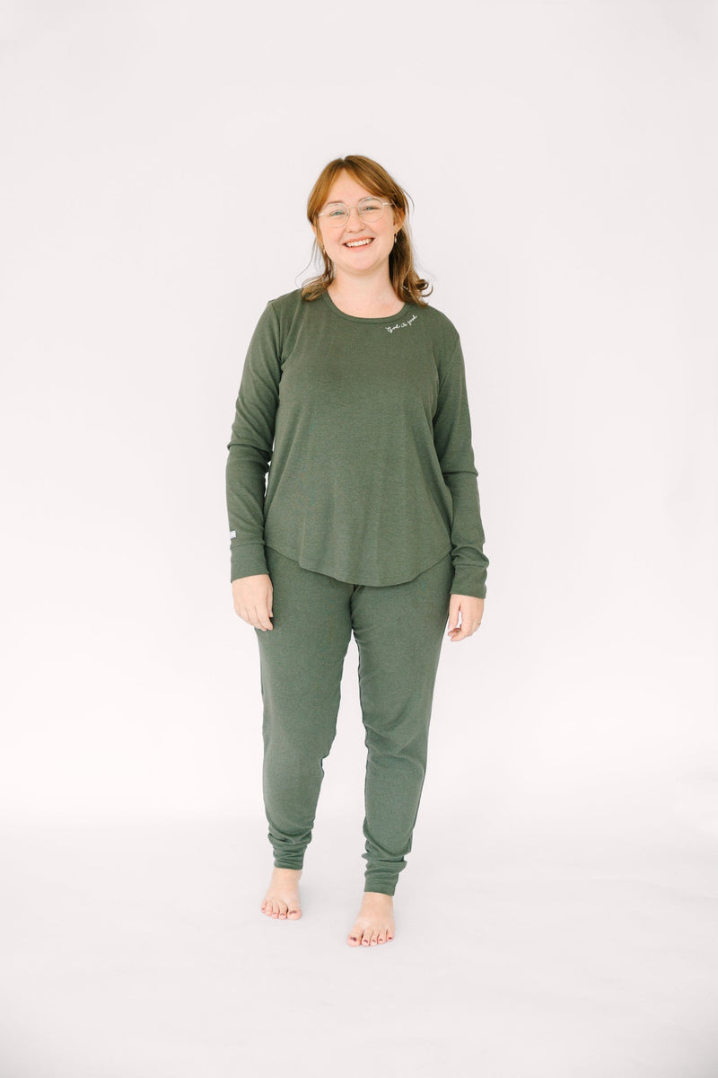 Holy Pals Adult Women's Pajamas Solid Olive Womens PJ Jogger Set Ribbed Cotton-Bamboo Blend