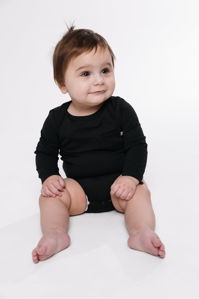 Holy Pals Bodysuit Black Prayer Pocket Long Sleeve Bodysuit Cotton