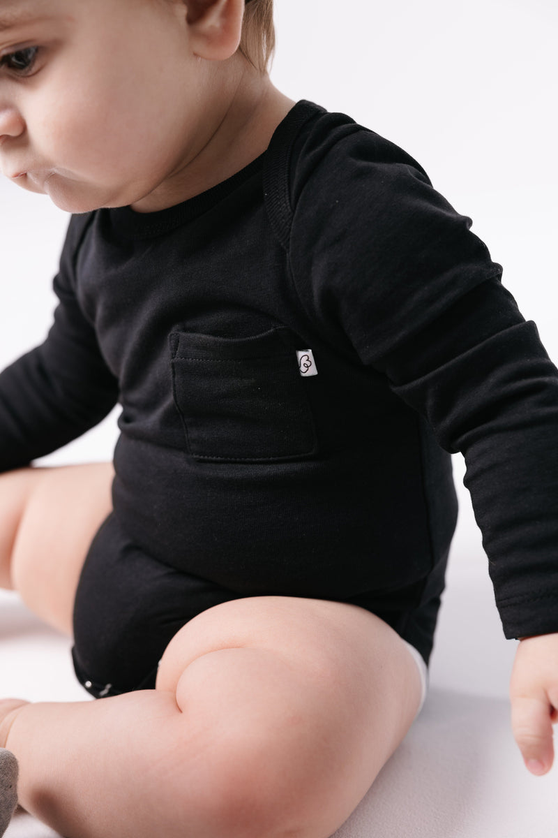 Holy Pals Bodysuit Black Prayer Pocket Long Sleeve Bodysuit Cotton