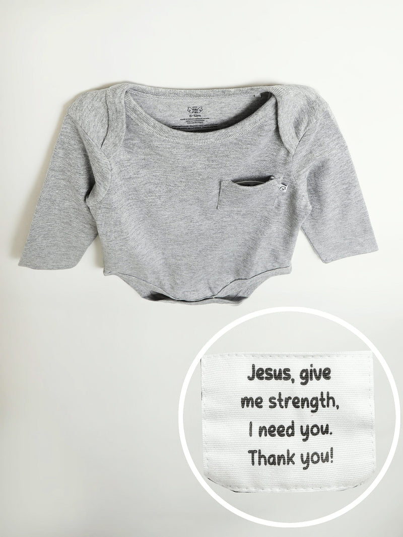 Holy Pals Bodysuit Heather Grey Prayer Pocket Long Sleeve Bodysuit Cotton