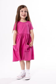 Holy Pals Dresses Fuchsia Prayer Pocket Short Sleeve Twirl Dress Cotton