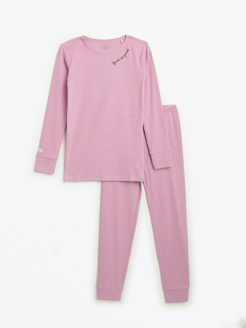 Holy Pals Long Sleeve Kids Pajama Solid Mauve PJ Long Sleeve Set Ribbed Cotton-Bamboo Blend