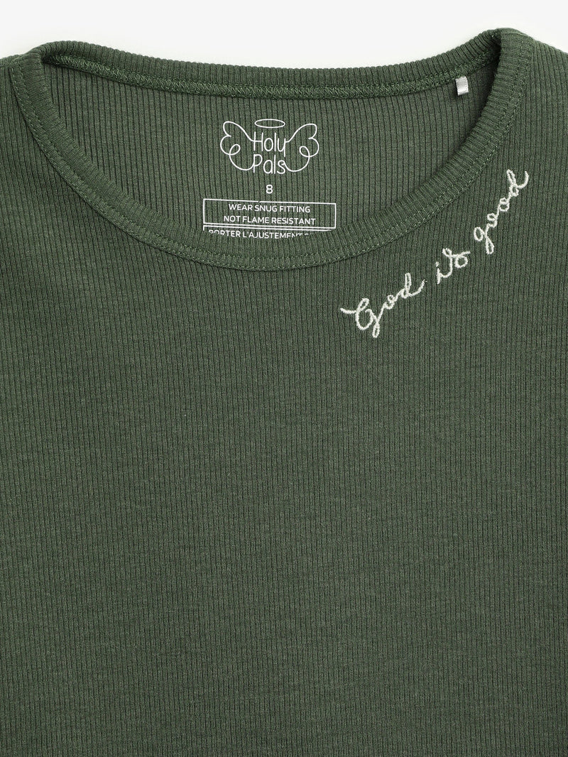 Holy Pals Long Sleeve Kids Pajama Solid Olive PJ Long Sleeve Set Ribbed Cotton-Bamboo Blend