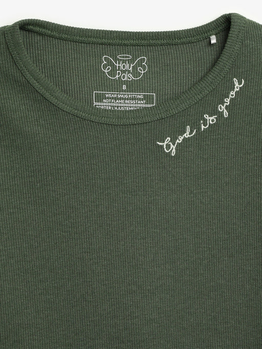 Holy Pals Long Sleeve Kids Pajama Solid Olive PJ Long Sleeve Set Ribbed Cotton-Bamboo Blend