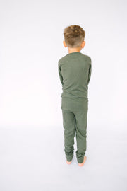 Holy Pals Long Sleeve Kids Pajama Solid Olive PJ Long Sleeve Set Ribbed Cotton-Bamboo Blend