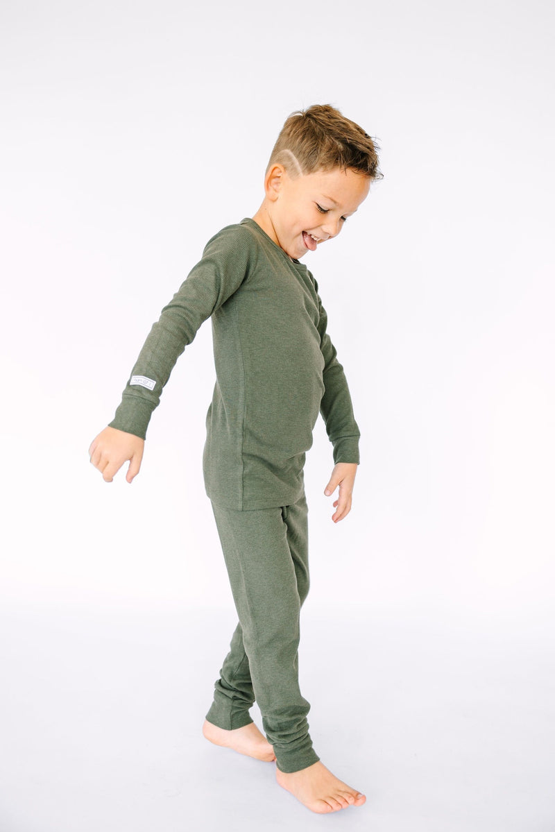 Holy Pals Long Sleeve Kids Pajama Solid Olive PJ Long Sleeve Set Ribbed Cotton-Bamboo Blend