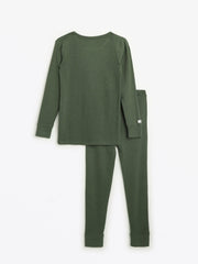 Holy Pals Long Sleeve Kids Pajama Solid Olive PJ Long Sleeve Set Ribbed Cotton-Bamboo Blend