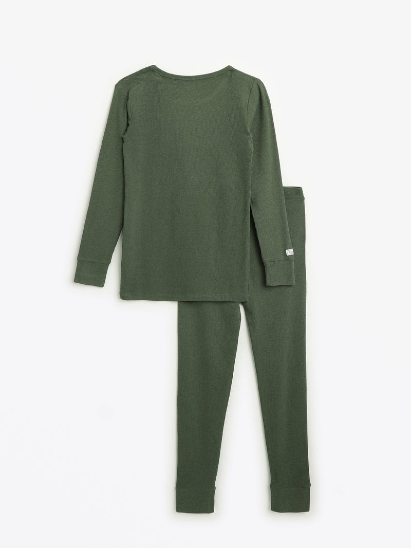 Holy Pals Long Sleeve Kids Pajama Solid Olive PJ Long Sleeve Set Ribbed Cotton-Bamboo Blend