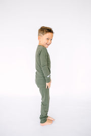 Holy Pals Long Sleeve Kids Pajama Solid Olive PJ Long Sleeve Set Ribbed Cotton-Bamboo Blend