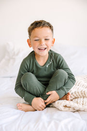 Holy Pals Long Sleeve Kids Pajama Solid Olive PJ Long Sleeve Set Ribbed Cotton-Bamboo Blend