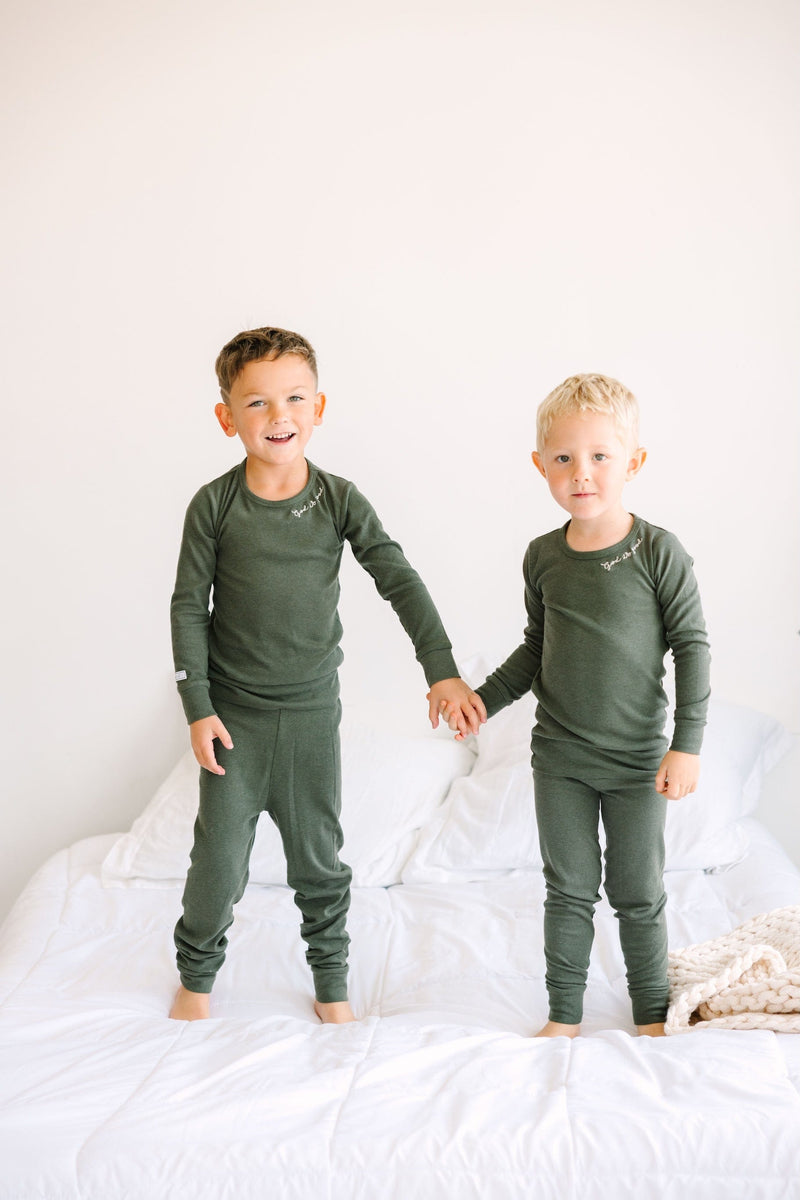 Holy Pals Long Sleeve Kids Pajama Solid Olive PJ Long Sleeve Set Ribbed Cotton-Bamboo Blend