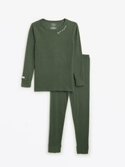 Holy Pals Long Sleeve Kids Pajama Solid Olive PJ Long Sleeve Set Ribbed Cotton-Bamboo Blend