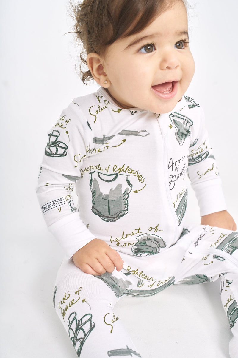 Holy Pals Onesie Armor of God White PJ Footed Onesie Bamboo