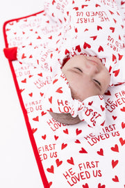 Holy Pals Onesie He First Loved Us Red PJ Footed Onesie Cotton