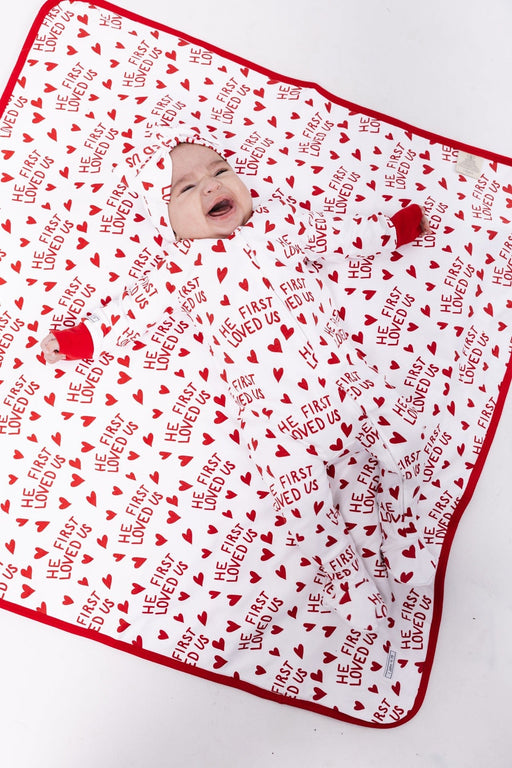 Holy Pals Onesie He First Loved Us Red PJ Footed Onesie Cotton