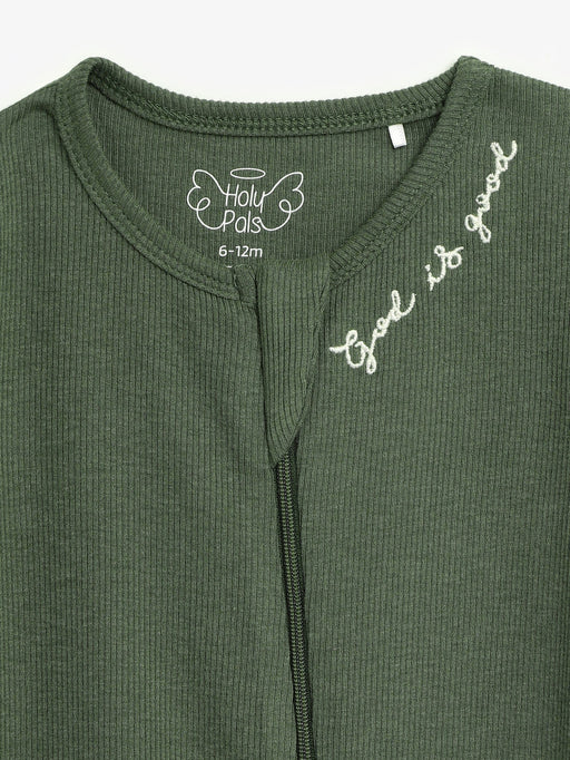 Holy Pals Onesie Solid Olive PJ Footed Onesie Ribbed Cotton-Bamboo Blend