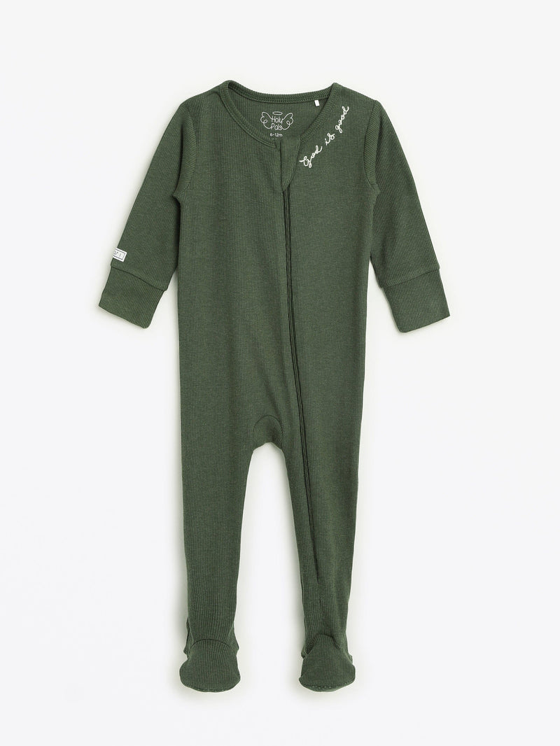 Holy Pals Onesie Solid Olive PJ Footed Onesie Ribbed Cotton-Bamboo Blend