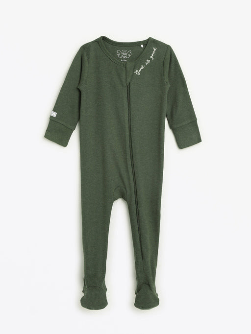 Holy Pals Onesie Solid Olive PJ Footed Onesie Ribbed Cotton-Bamboo Blend