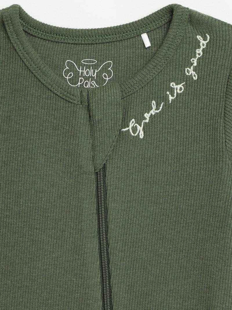 Holy Pals Onesie Solid Olive PJ Footless Onesie Ribbed Cotton-Bamboo Blend