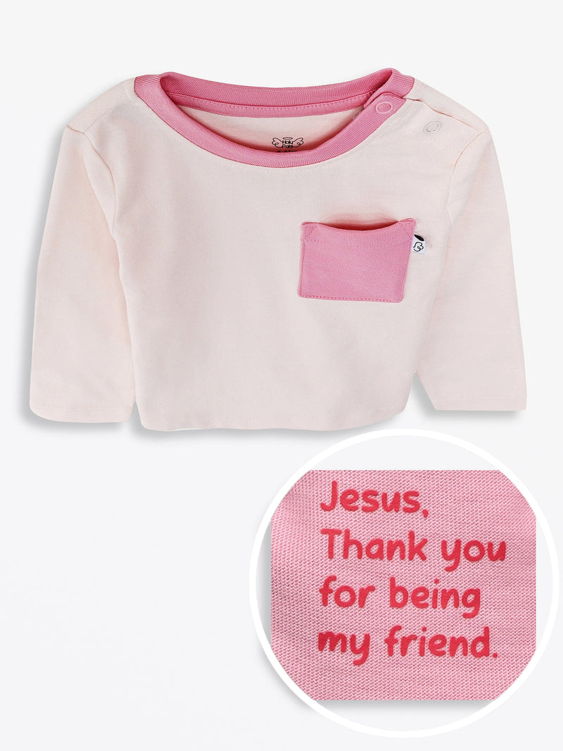 Holy Pals T-Shirt Pink Prayer Pocket Long Sleeve T-Shirt Cotton