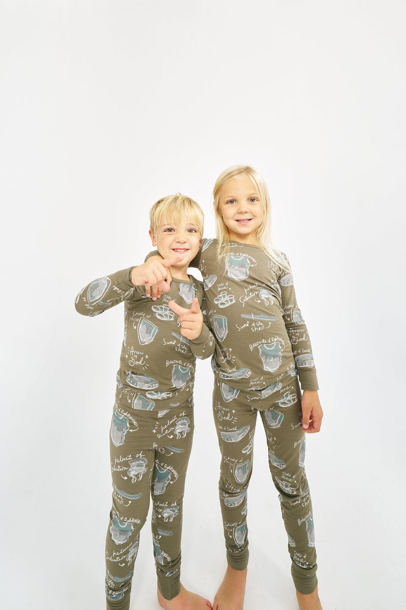 Holy Pals Two Piece Armor of God Green PJ Long Sleeve & Pants Set Bamboo