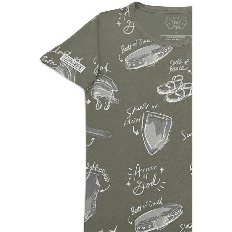 Holy Pals Two Piece Armor of God Green PJ Short Sleeve & Pants Set Bamboo