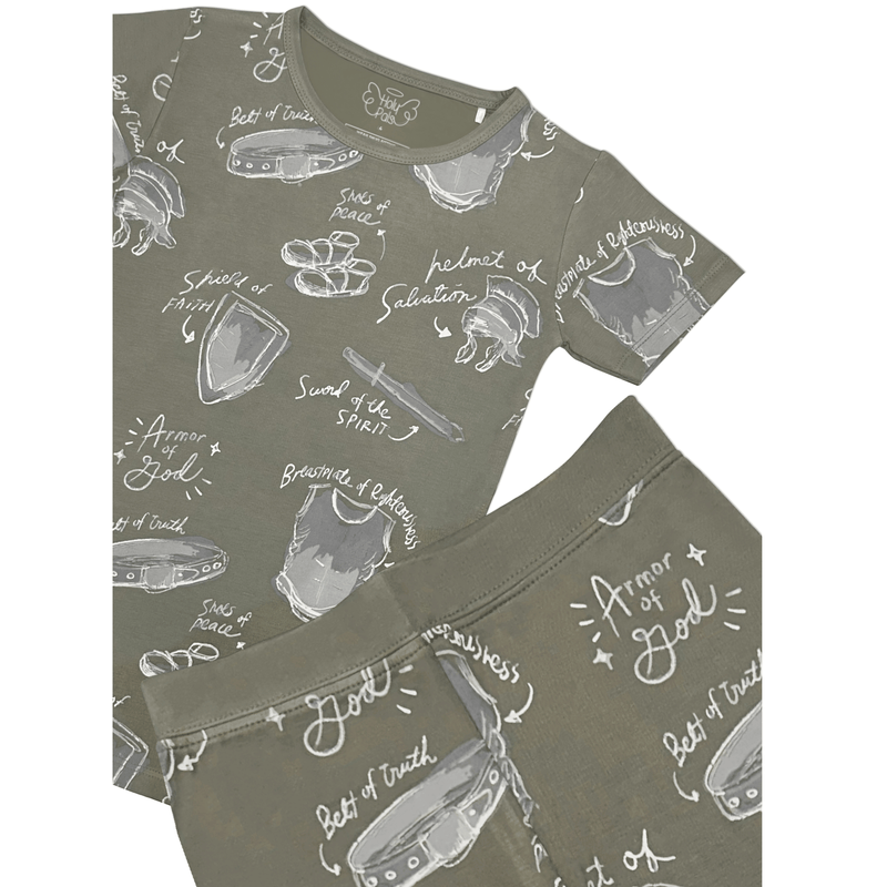 Holy Pals Two Piece Armor of God Green PJ Short Sleeve & Pants Set Bamboo