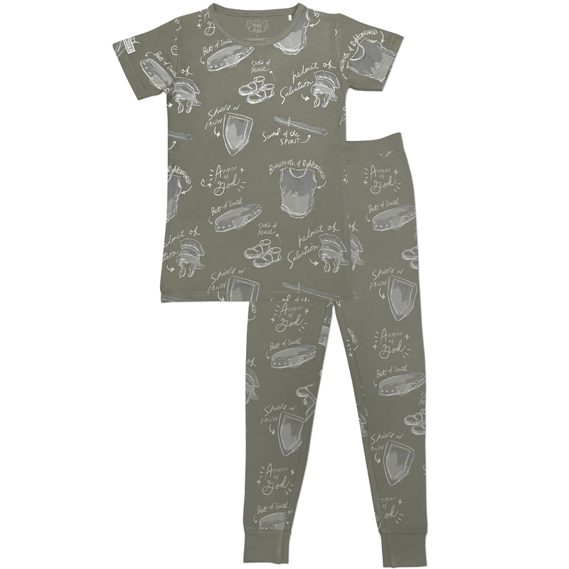 Holy Pals Two Piece Armor of God Green PJ Short Sleeve & Pants Set Bamboo