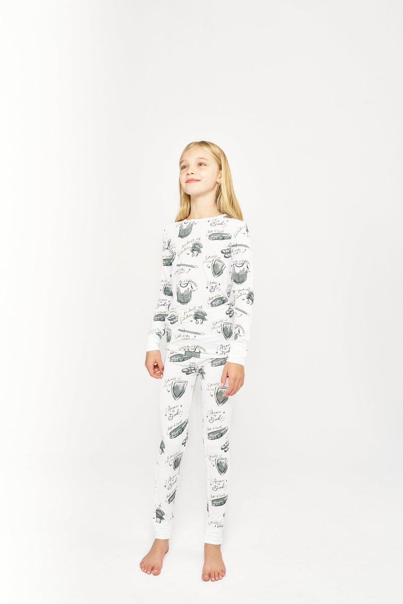 Holy Pals Two Piece Armor of God White PJ Long Sleeve & Pants Set Bamboo