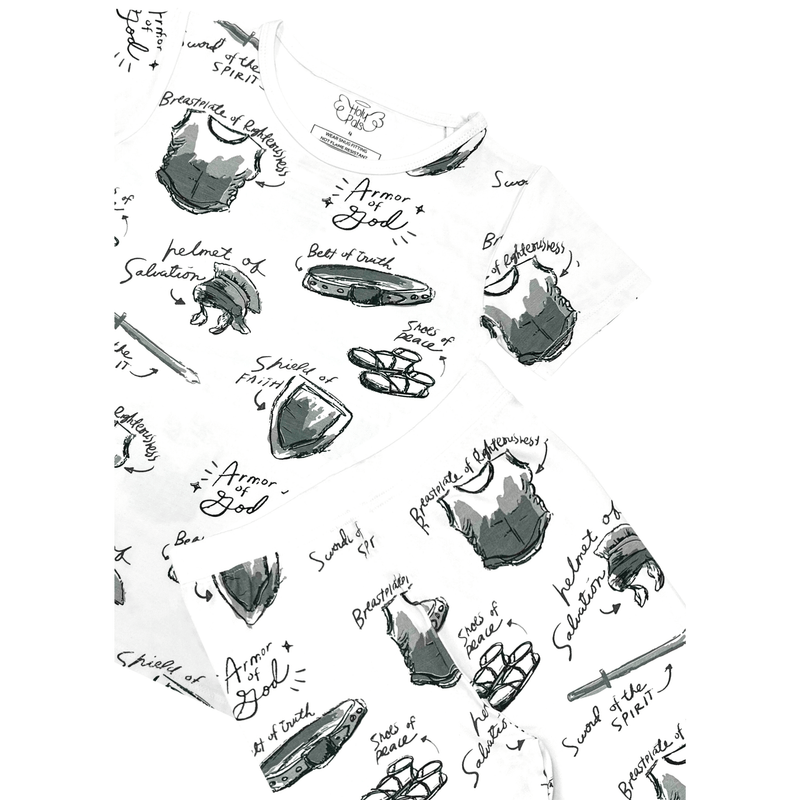 Holy Pals Two Piece Armor of God White PJ Short Sleeve & Pants Set Bamboo