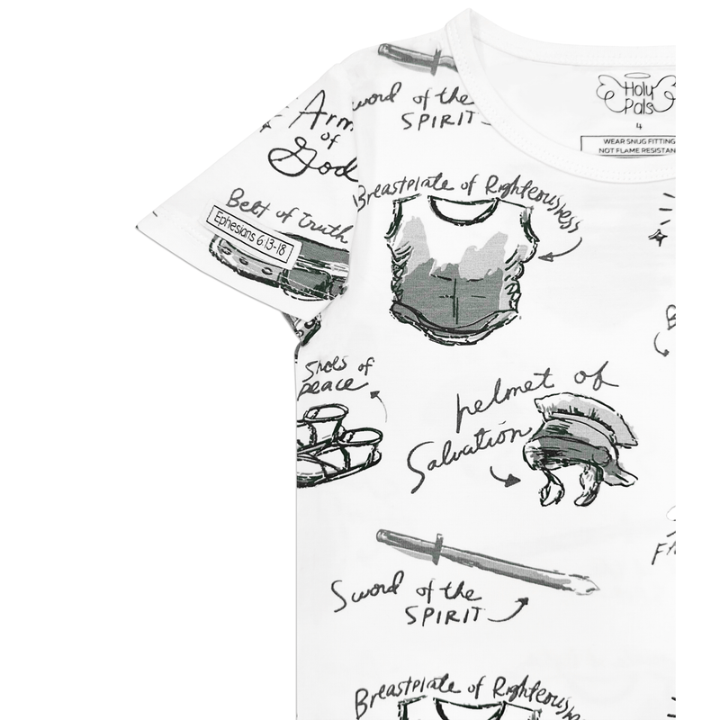 Holy Pals Two Piece Armor of God White PJ Short Sleeve & Pants Set Bamboo