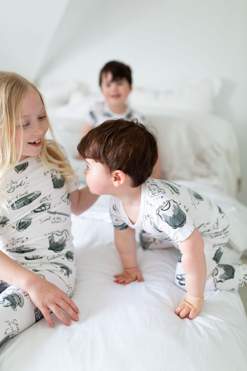 Holy Pals Two Piece Armor of God White PJ Short Sleeve & Pants Set Bamboo