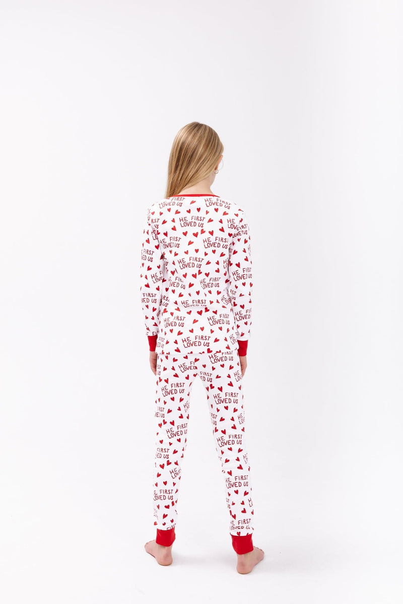 Holy Pals Two Piece He First Loved Us Red PJ Long Sleeve Set Cotton