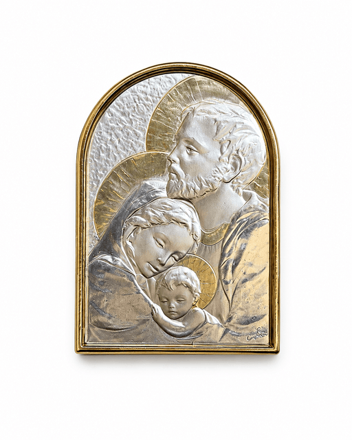 Holyland Artisans Holy Family Devotion Plaque – Textured Silver & Gold Arch Relief