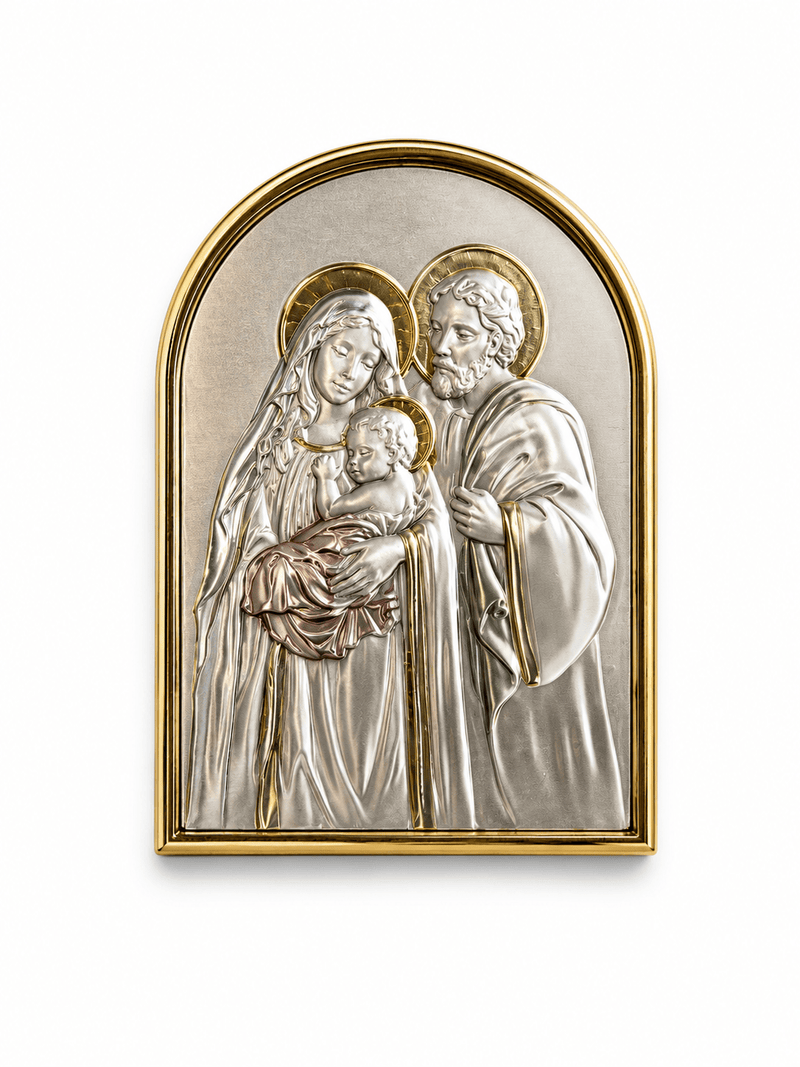 Holyland Artisans Holy Family Unity Plaque – Soft Gold & Silver Arched Icon