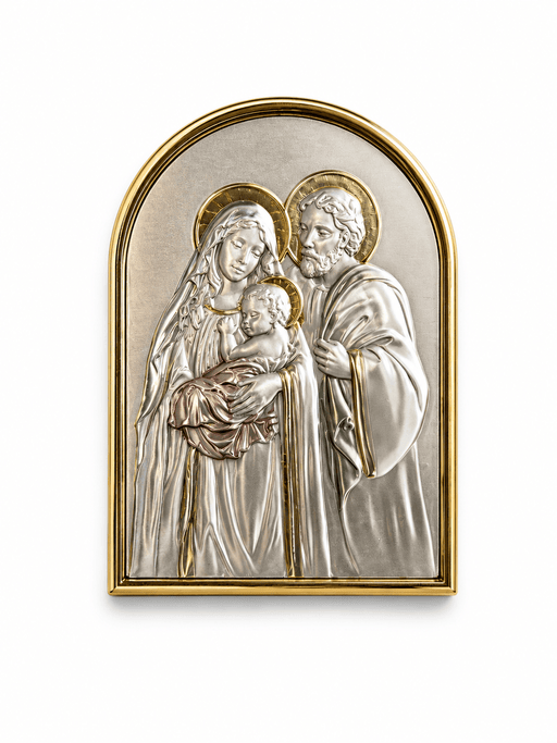 Holyland Artisans Holy Family Unity Plaque – Soft Gold & Silver Arched Icon